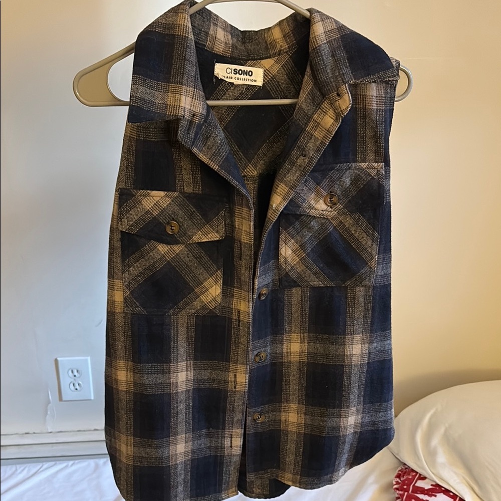 Plaid Sleeveless Button-Up Shirt